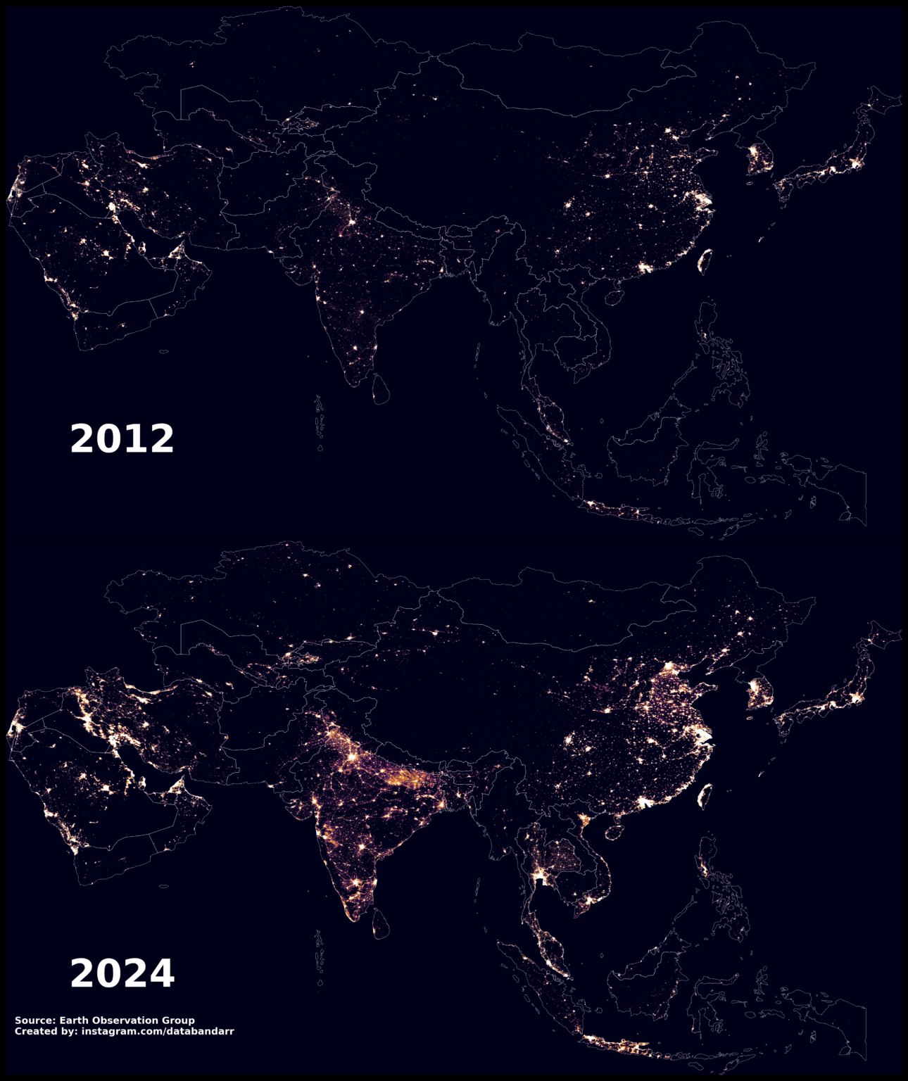 [OC] Nachtlicht in Asien, 2012 gegenüber 2024 Vergleich