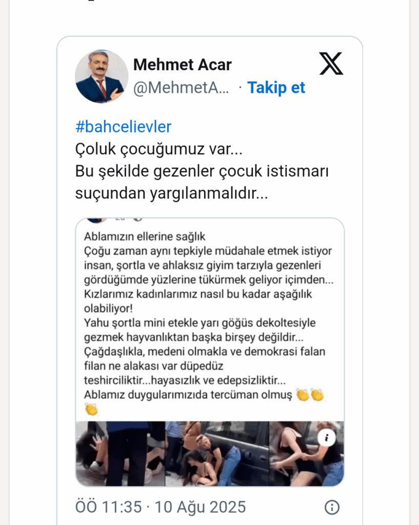 Mehmet Acar, Gründungspräsident der AKP Kocaeli Youth Branch: „Wenn ich diejenigen sehe, die mit Shorts und unmoralischen Kleidung herumlaufen, kommen sie in ihre Gesichter.“ Mehmet Acar, Gründungspräsident der AKP Kocaeli Youth Branch: "Wenn ich diejenigen sehe, die mit Shorts und unmoralischen Kleidung herumlaufen, kommen sie in ihre Gesichter."