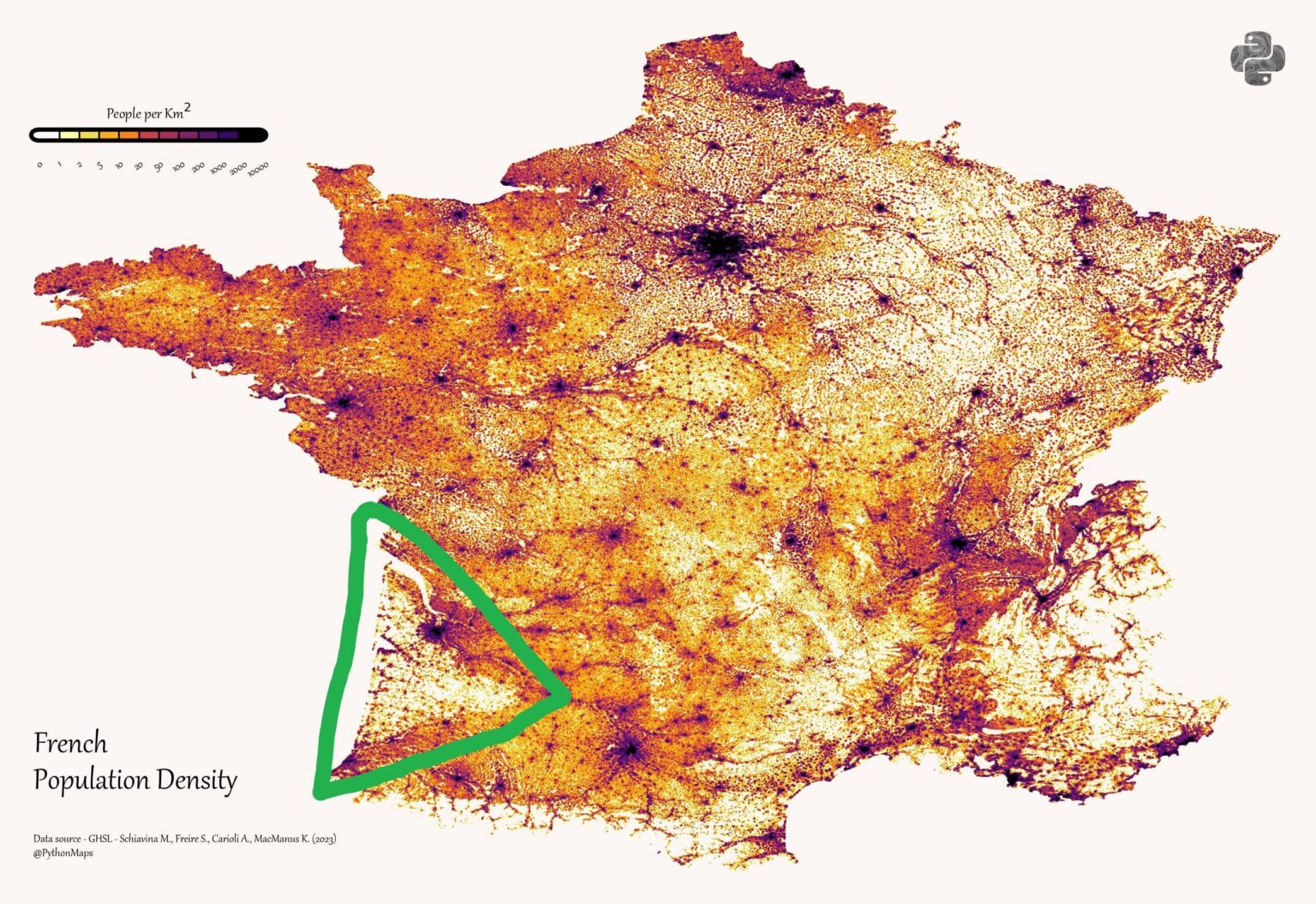 Warum ist dieses Dreieck in der Nähe von Bordeaux im Vergleich zur Umgebung so spärlich besiedelt?