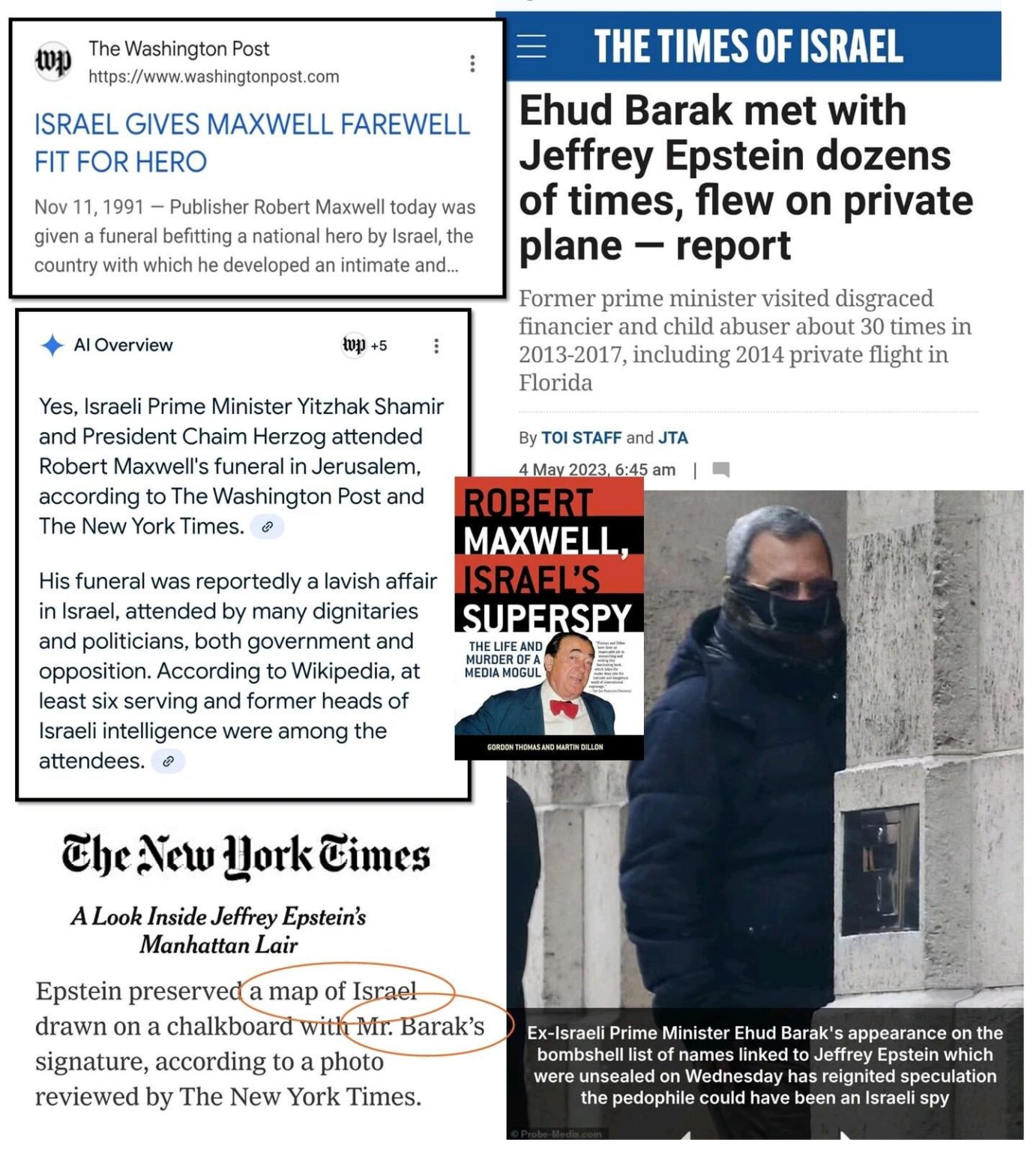 Israel PM Ehud Barak besuchte Epstein 36+ Mal. Ich denke, das ist der Weltrekord. Israel gab Ghislaine Maxwells Vater Robert Maxwell eine Beerdigung für einen Helden, an dem Israel PM und Mossad Chiefs teilnahmen