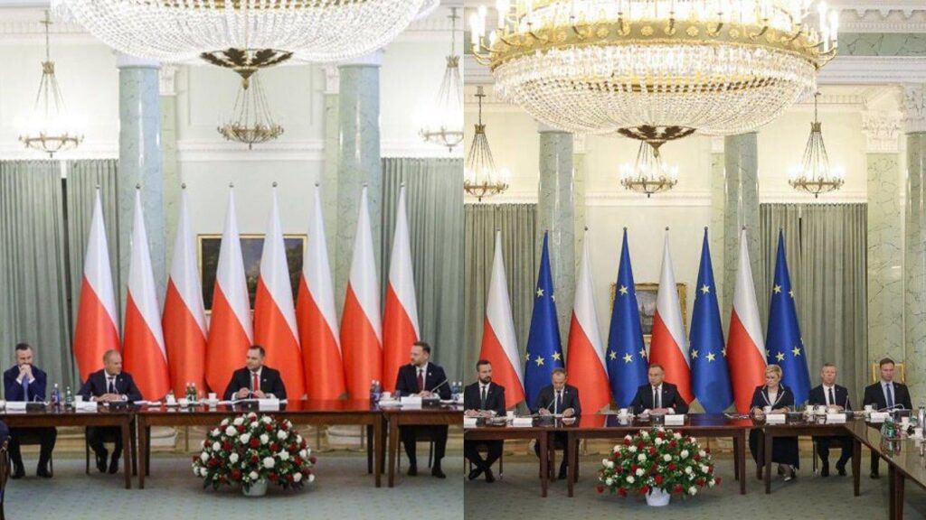Links, der Kabinettsrat heute unter dem amtierenden Präsidenten Karol Nawrocki. Auf der rechten Seite der Kabinettsrat unter dem ehemaligen Präsidenten Andrzej Duda.