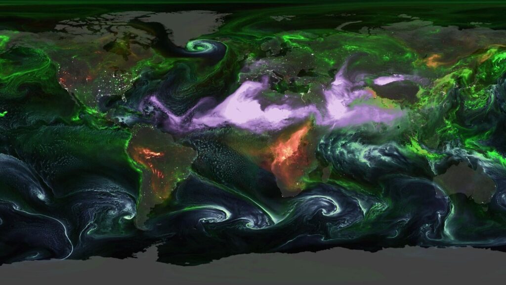Eine NASA-Visualisierung verfolgt Aerosole, hochgezogene Partikel wie Salz und Staub, über eine Zeitspanne von sechs Wochen. "Diese beiden Effekte zusammen haben ungefähr ein Drittel der Klimaerwärmung ausgeglichen ... ungefähr ein halbes Grad Celsius"