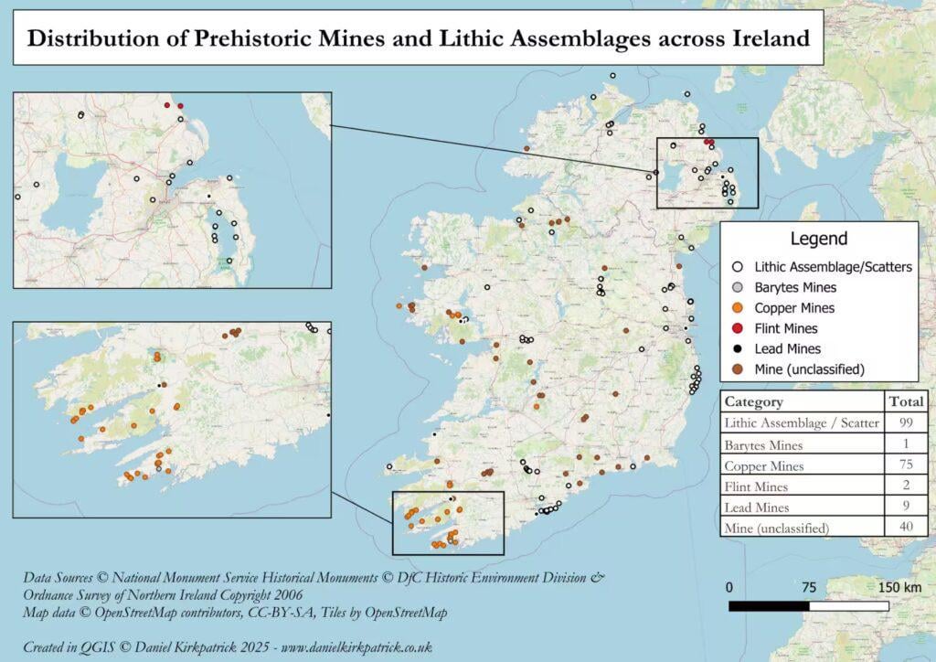 [OC] Verteilung prähistorischer Minen und lithischen Versammlungen in ganz Irland