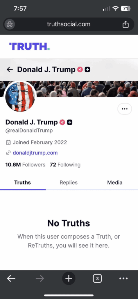 Leute, Wahrheit, sozial ist eine Minute untergegangen, und dann verschwanden alle Beiträge von Trump !!!