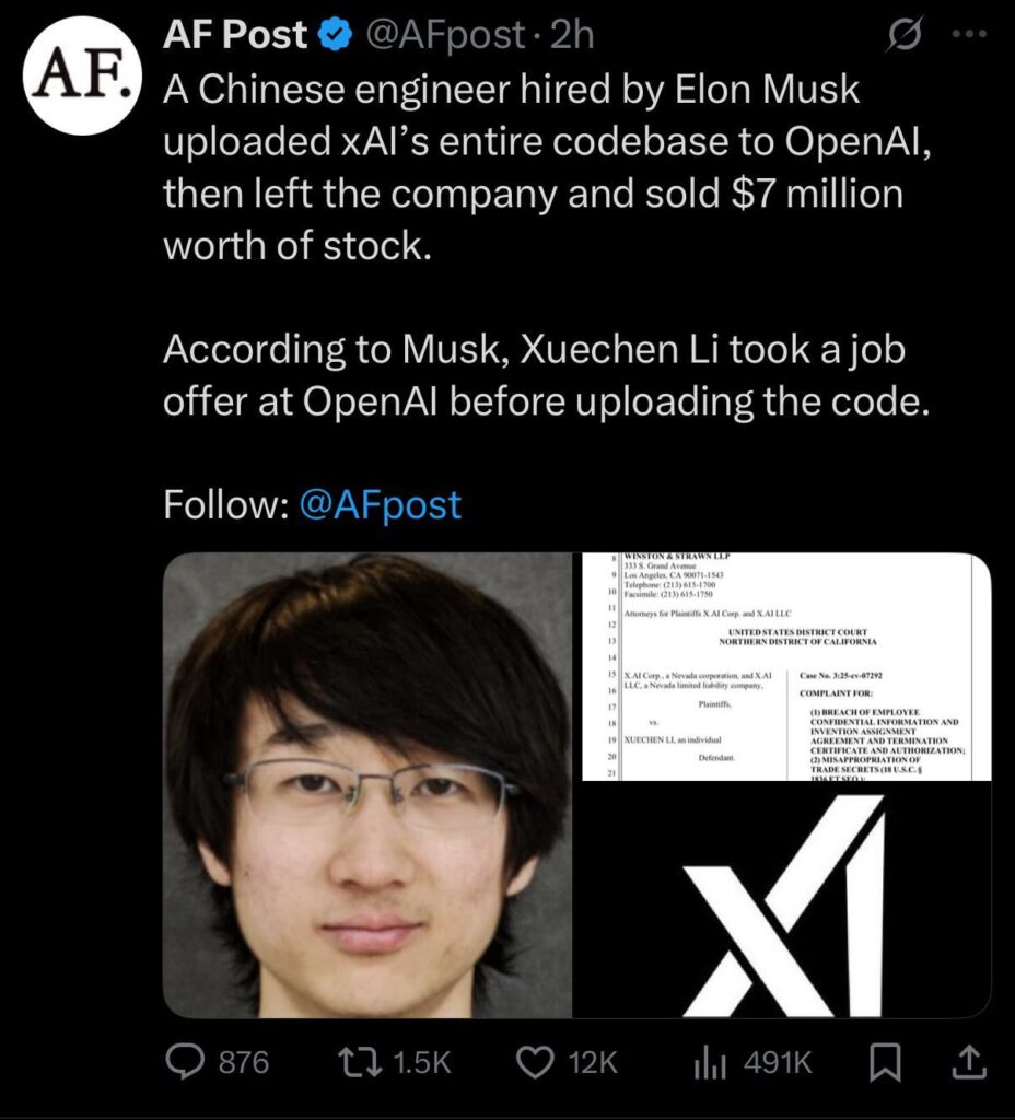 Ein von Elon Musk angeheuerter chinesischer Ingenieur hat XAIs gesamte Codebasis auf Openai hochgeladen und dann das Unternehmen verlassen. In der Computersicherheit sind die schwächsten Verbindungen immer die Menschen, die die Computer betreiben.