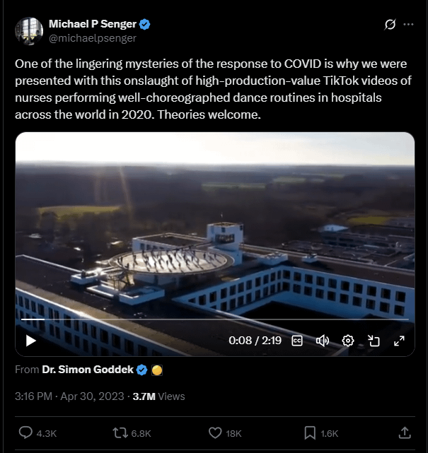 Eines der anhaltenden Geheimnisse der Reaktion auf Covid ist der Grund, warum wir diesen Ansturm von Tiktok-Videos von Krankenschwestern, die gut choreografierte Tanzroutinen in Krankenhäusern auf der ganzen Welt durchführen, im Jahr 2020 vorgestellt wurden. Theorien willkommen.