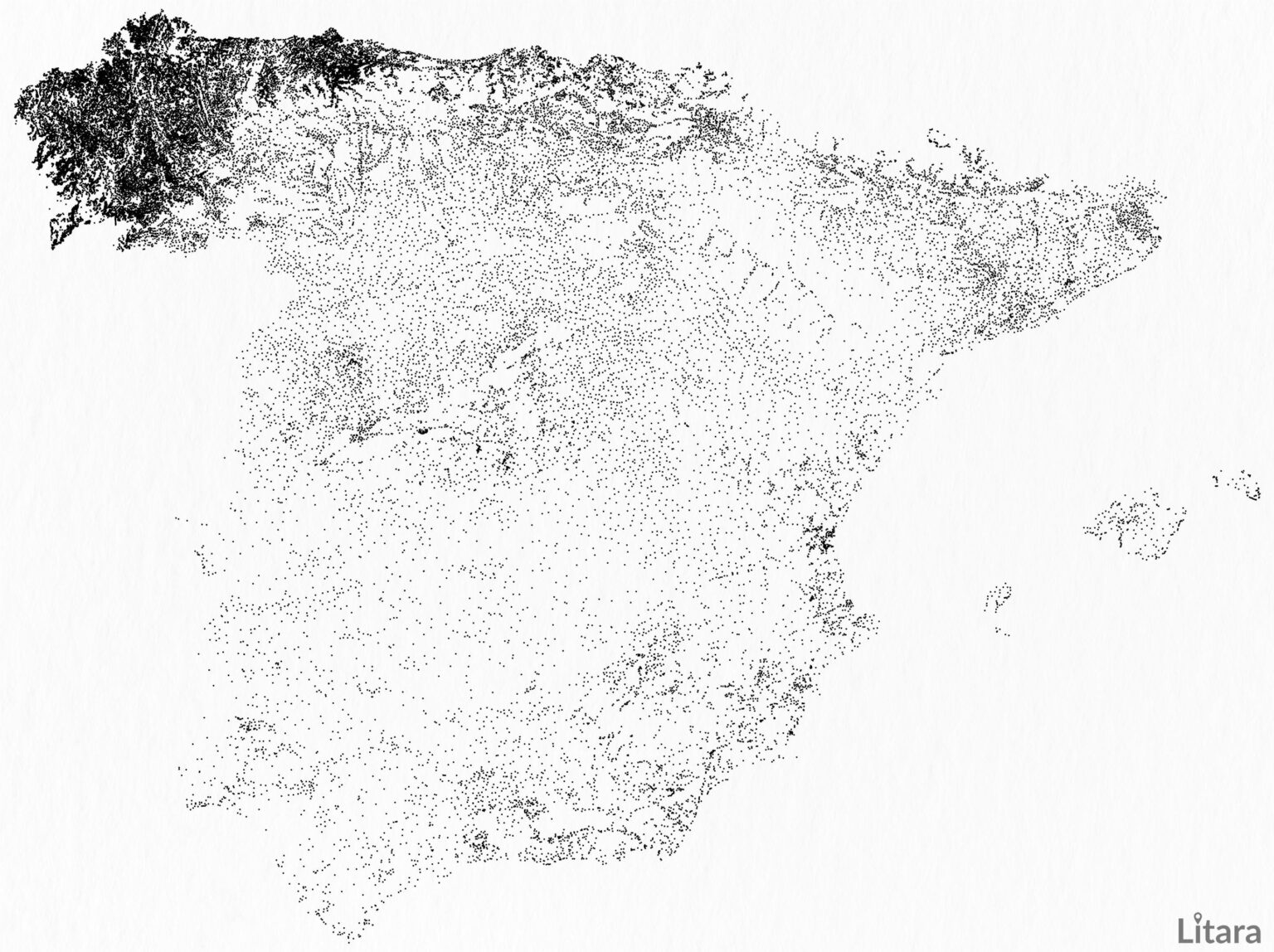 [OC] Ich habe 52.323 besiedelte Orte im europäischen Teil Spaniens visualisiert und versehentlich ein atemberaubendes demografisches Phänomen entdeckt.