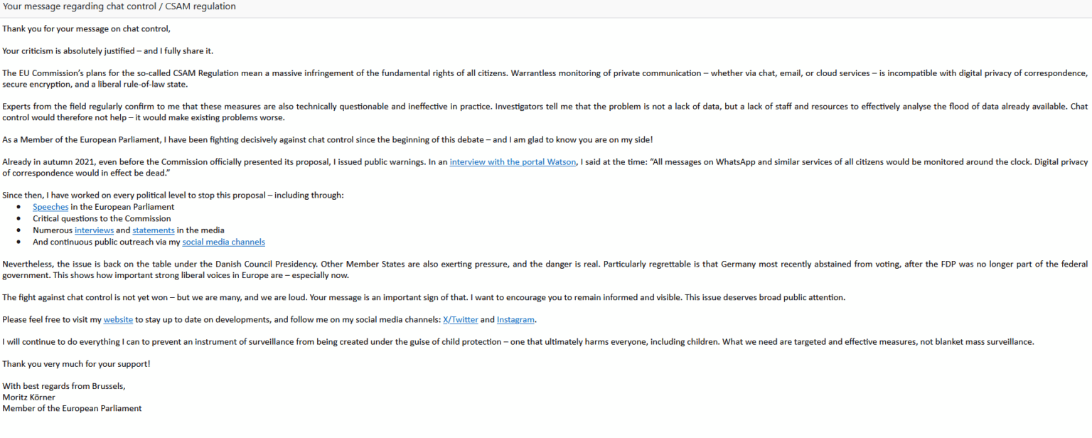 Moritz Körner (Deutsch, FDP) antwortete auf meine E-Mail