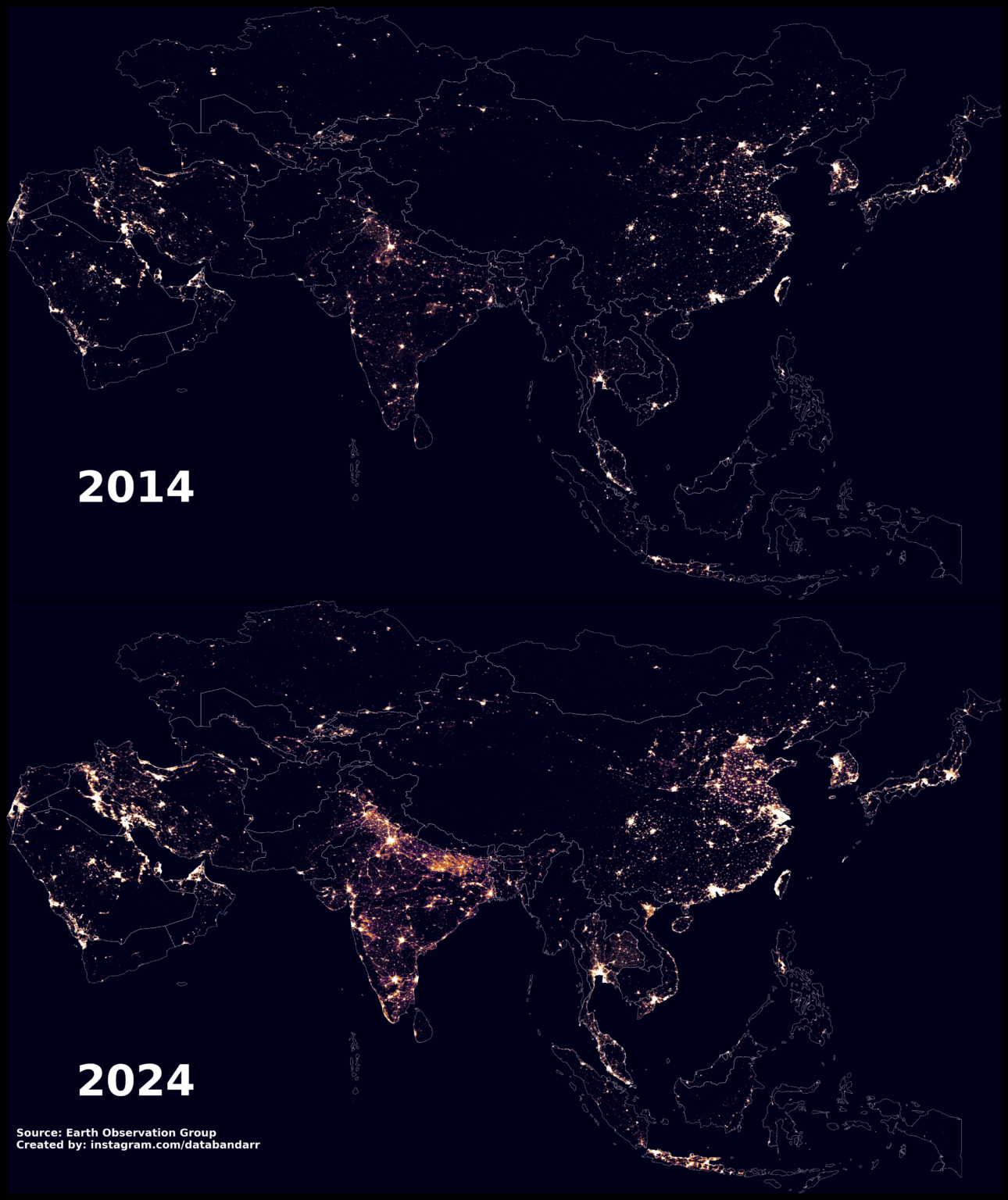 [OC] Nachtlicht in Asien, 2014 gegen 2024 Vergleich (aktualisiert)