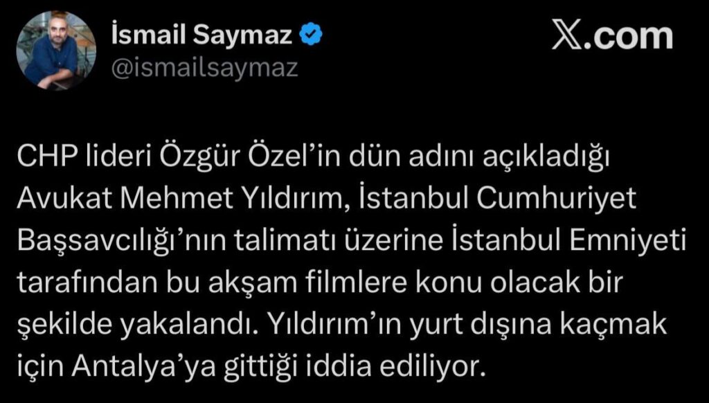 CHP -Vorsitzender Ozgur Ozel gab gestern bekannt, dass der Anwalt Mehmet Yildirim, der Staatsanwalt der Polizei in Istanbul, unter Anweisung der Polizei erwischt wurde, um im Ausland zu fliehen. CHP -Vorsitzender Ozgur Ozel gab gestern bekannt, dass der Anwalt Mehmet Yildirim, der Staatsanwalt der Polizei in Istanbul, unter Anweisung der Polizei erwischt wurde, um im Ausland zu fliehen.