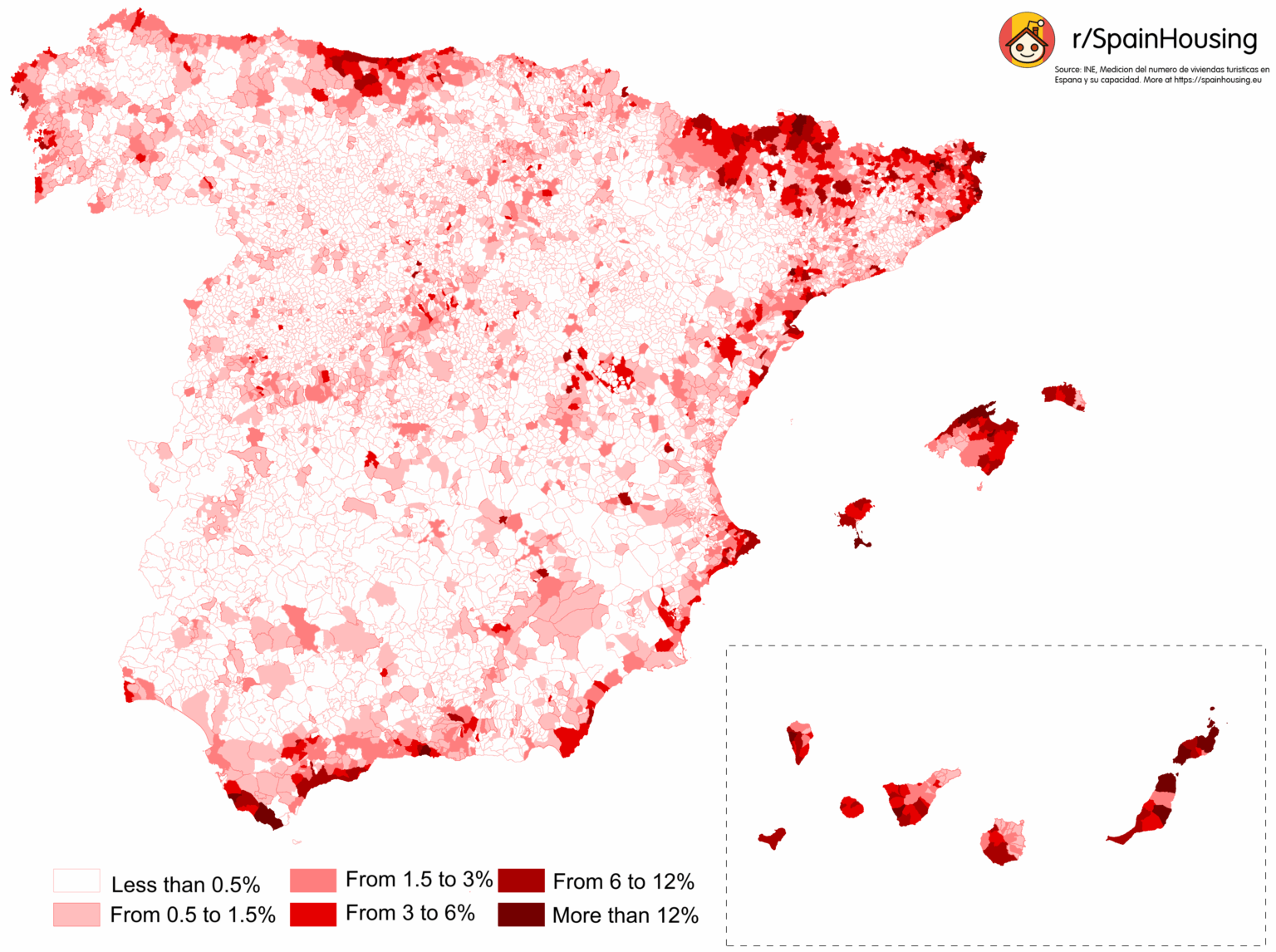 Prozentsatz der Häuser, die für Touristenverleih in Spanien von der Gemeinde verwendet wurden