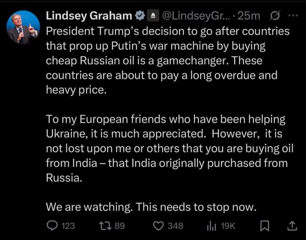 Senator Lindsey Graham warnt Europa, den Kauf russischer Öl aus Indien nicht mehr zu kaufen