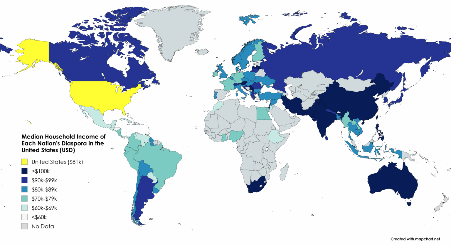 Das mittlere Haushaltseinkommen der Diaspora jedes Landes in den USA [OC]