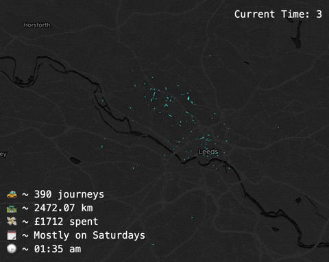[OC] Zeitraffer von Uber -Reisen über ein paar Jahre