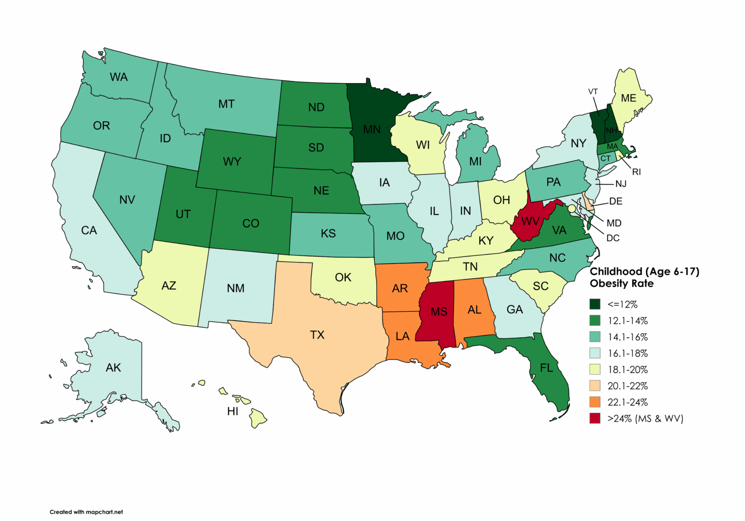 [OC] Kindheit (Alter 6-17) Fettleibigkeitsrate des US-Bundesstaates (Daten: Nationale Umfrage zur Gesundheit von Kindern | Tool: Mapchart.net)
