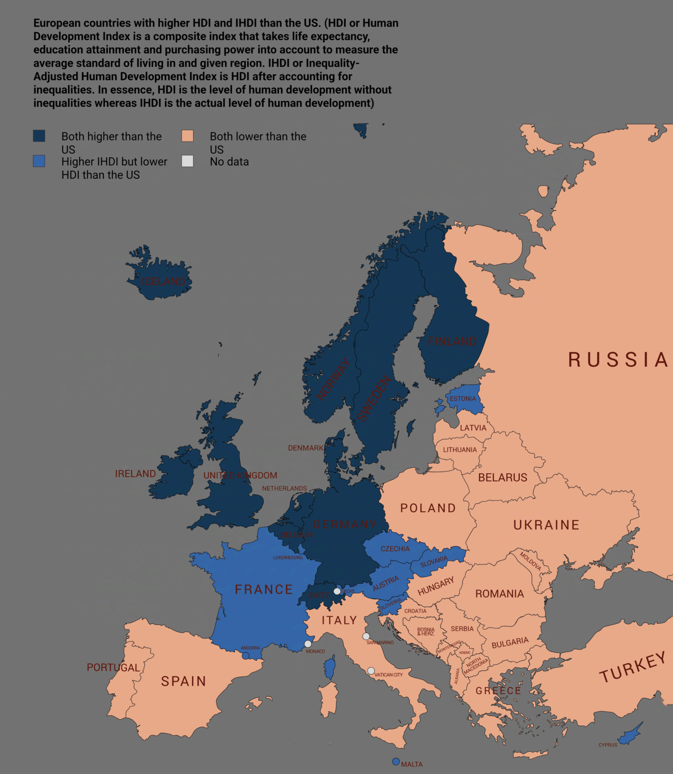 Europäische Länder mit höherem HDI und Idhi als in den USA