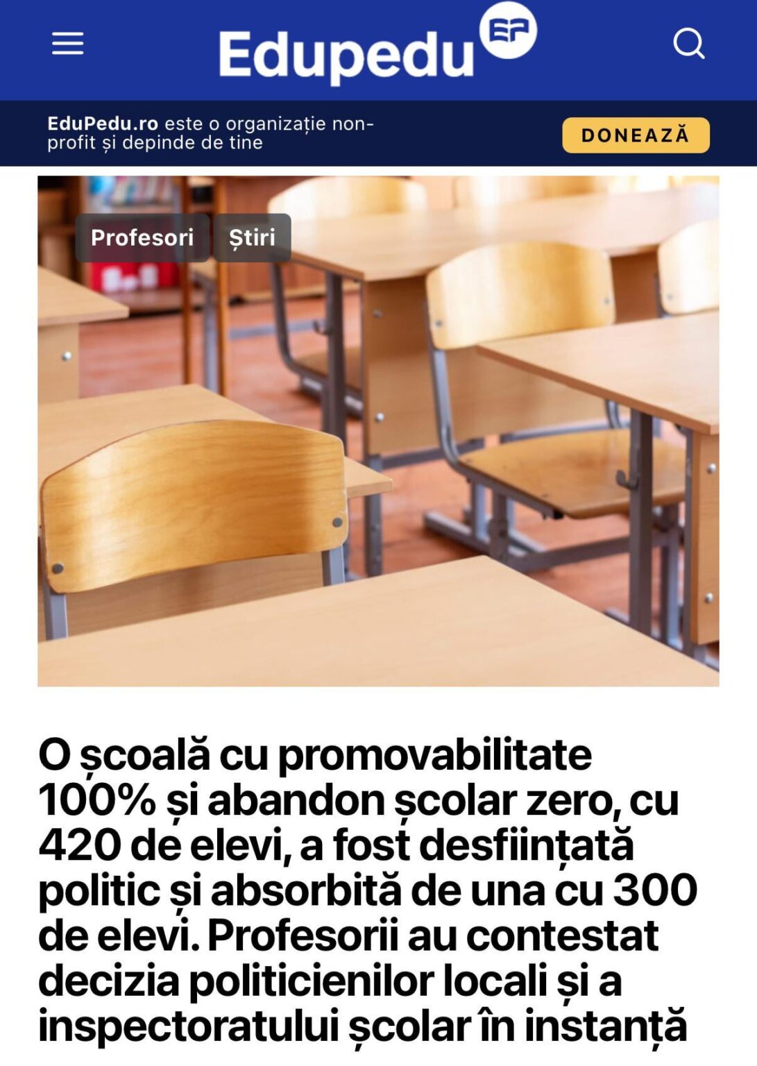 Eine Schule mit 100% Förderbarkeit und Null -Schulabbrecher mit 420 Schülern wurde von einem mit 300 Schülern politisch abgeschafft und absorbiert. Die Lehrer forderten die Entscheidung der lokalen Politiker und der Schulaufsichtsbehörde vor Gericht in Frage