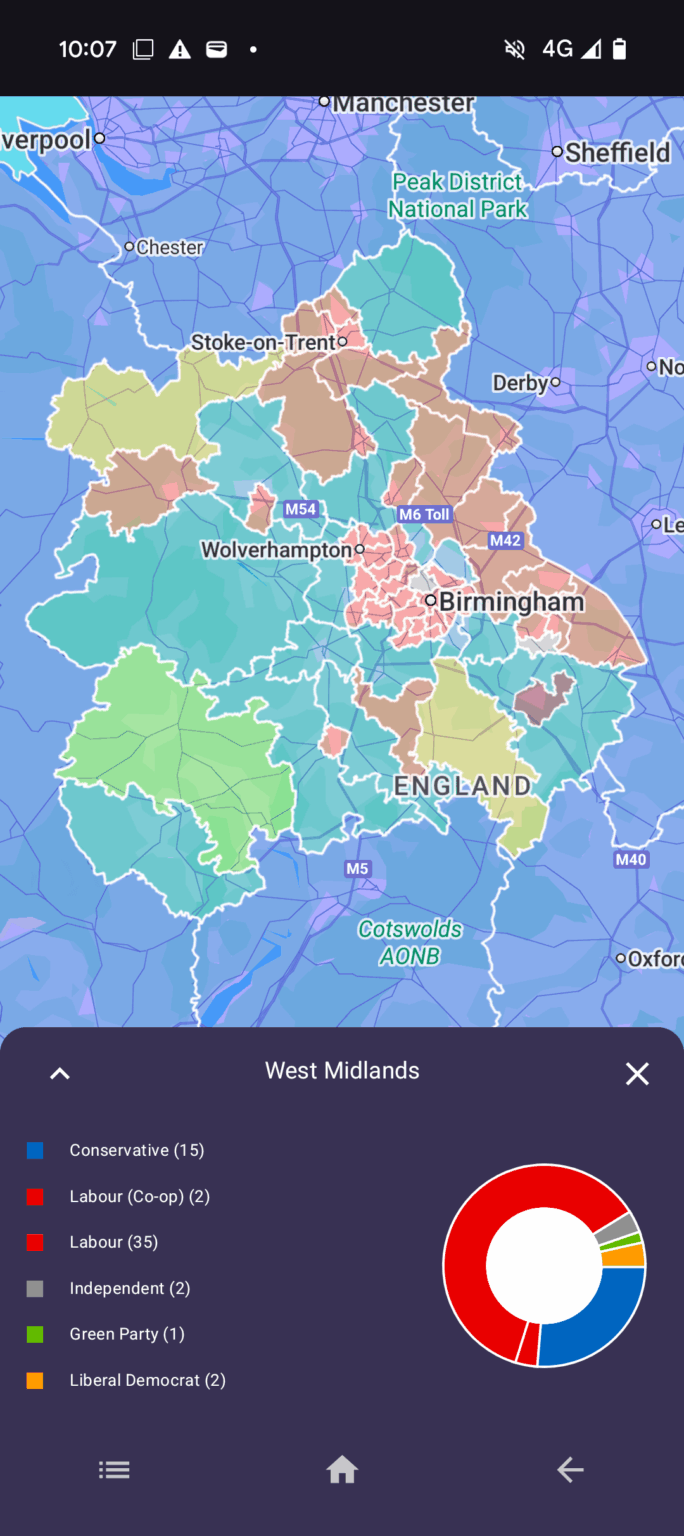 Großbritannien Parlament - Wahlkreisvertretung für jede Region nach Partei.