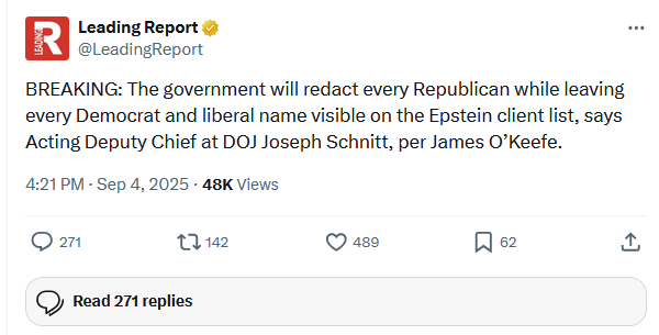 BREAKING: Die Regierung wird jeden Republikaner reduzieren, während er jeden demokratischen und liberalen Namen auf der Epstein -Klientenliste sichtbar lässt, sagt der stellvertretende Chef von DOJ Joseph Schnitt per James O'Keefe.