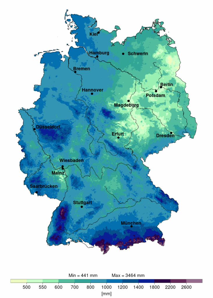 Jährlicher Niederschlag in Deutschland im Jahr 2024