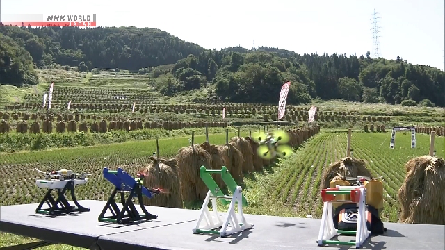 Drohnenrennen in Scenic Terrasce Rice Fields in Yamagata, Nordjapan, abgehalten