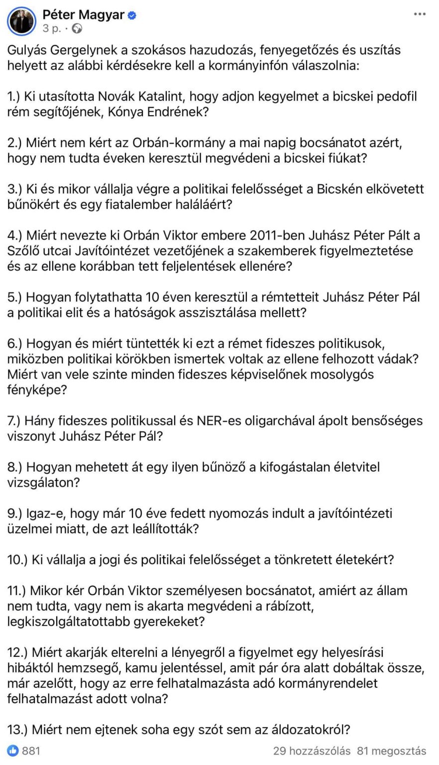 Péter Magyar: "Gergely Gulyás sollte die folgenden Fragen anstelle der üblichen Lügen, Bedrohungen und Anstiftungen beantworten"