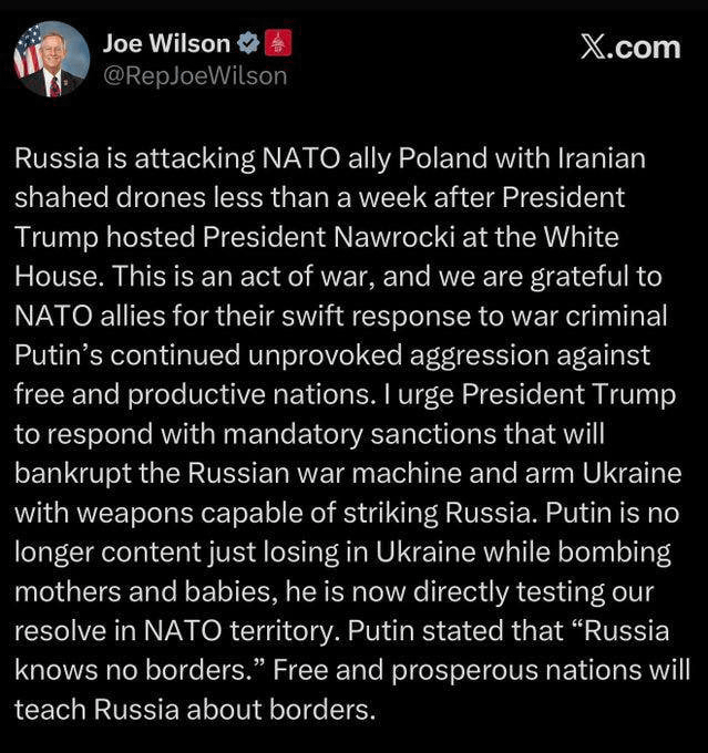 "Dies ist ein Kriegsakt": - Republikaner und Mitglied des Ausschusses des House Armed Services Joe Wilson über den Angriff auf Polen