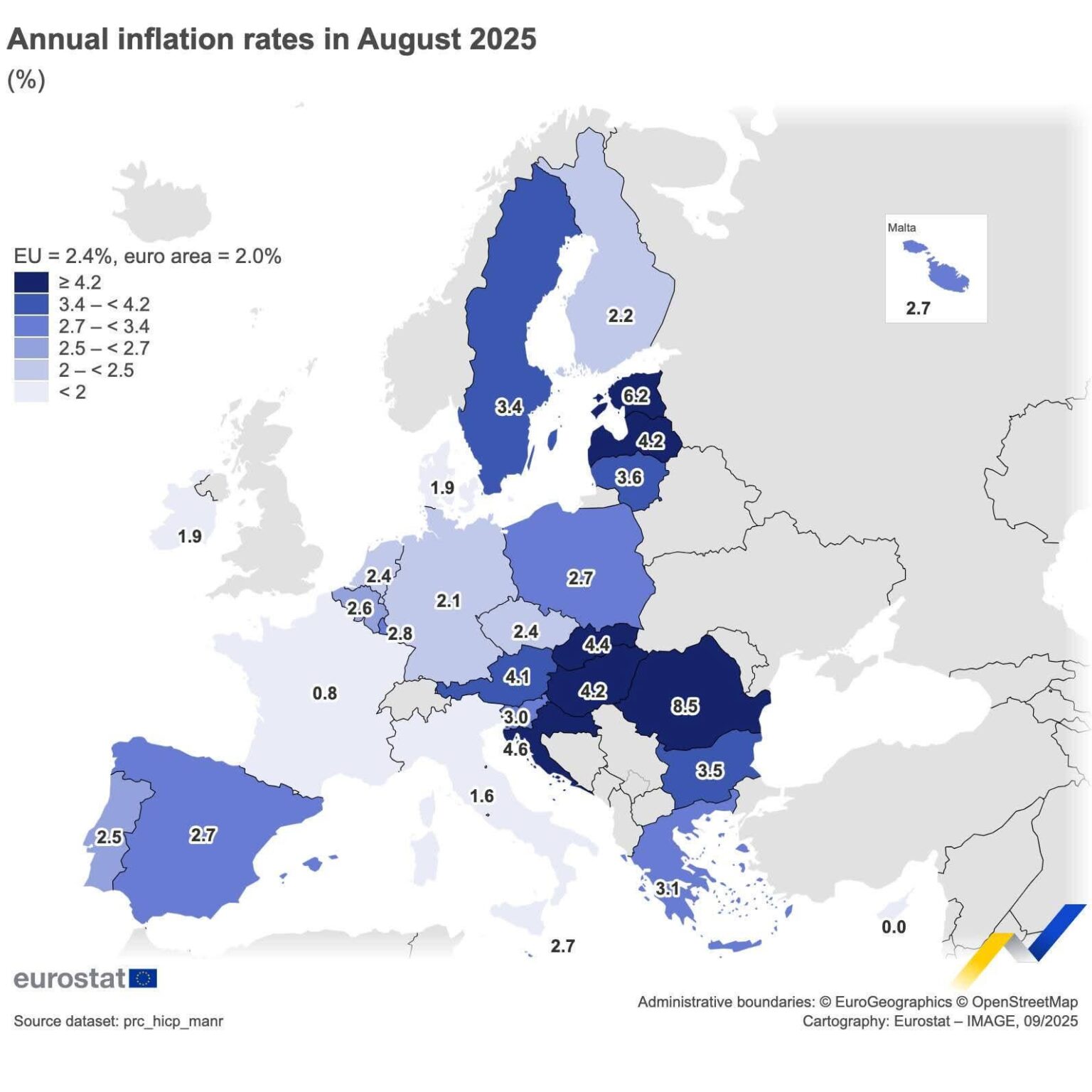 Jährliche Inflationsraten im August 2025 in der EU