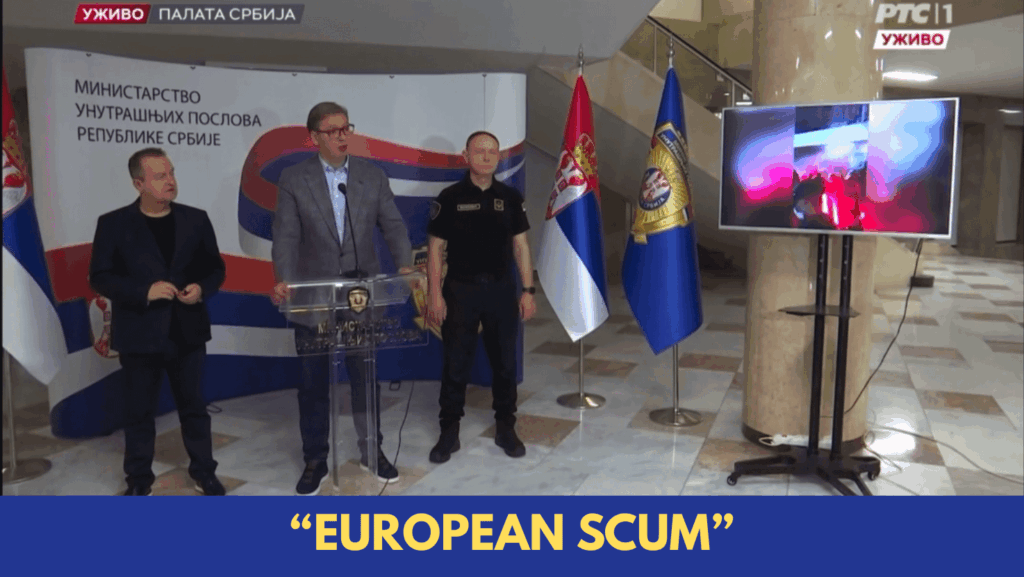 "Demonstranten wurden von europäischer Abschaum unterstützt, der gekommen ist, um unser Land zu zerstören. Warum gehen sie nicht und zerstören ihre eigenen Länder?" - Serbischer Präsident Vučić. Europa muss aufhören, über die polizeiliche Brutalität und Repression in Serbien in den letzten 10 Monaten zu schweigen. Volles Video in den Kommentaren