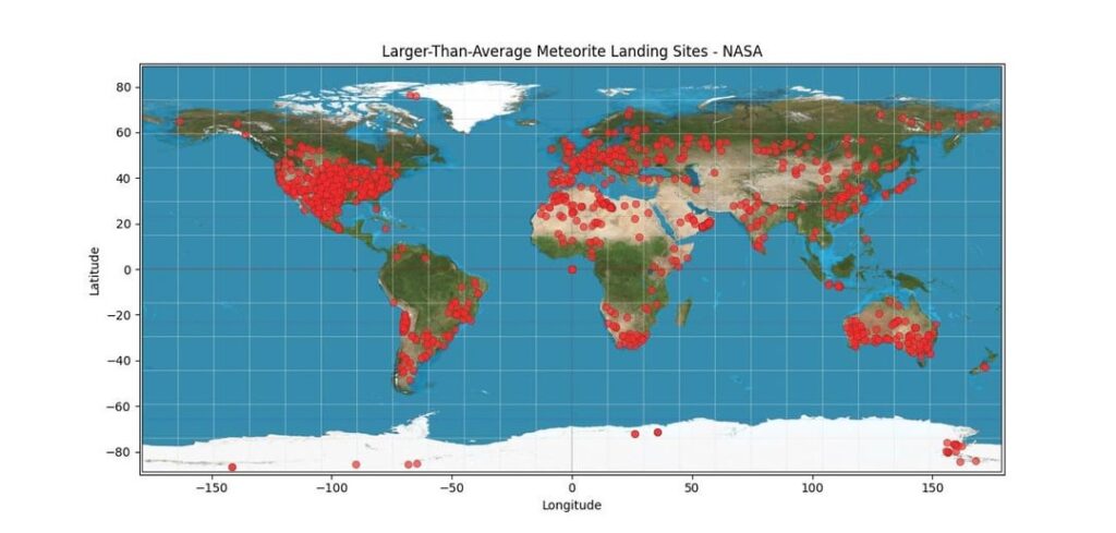 Mape von Meteoritenlandungen mithilfe der eigenen veröffentlichten Daten der NASA gemacht