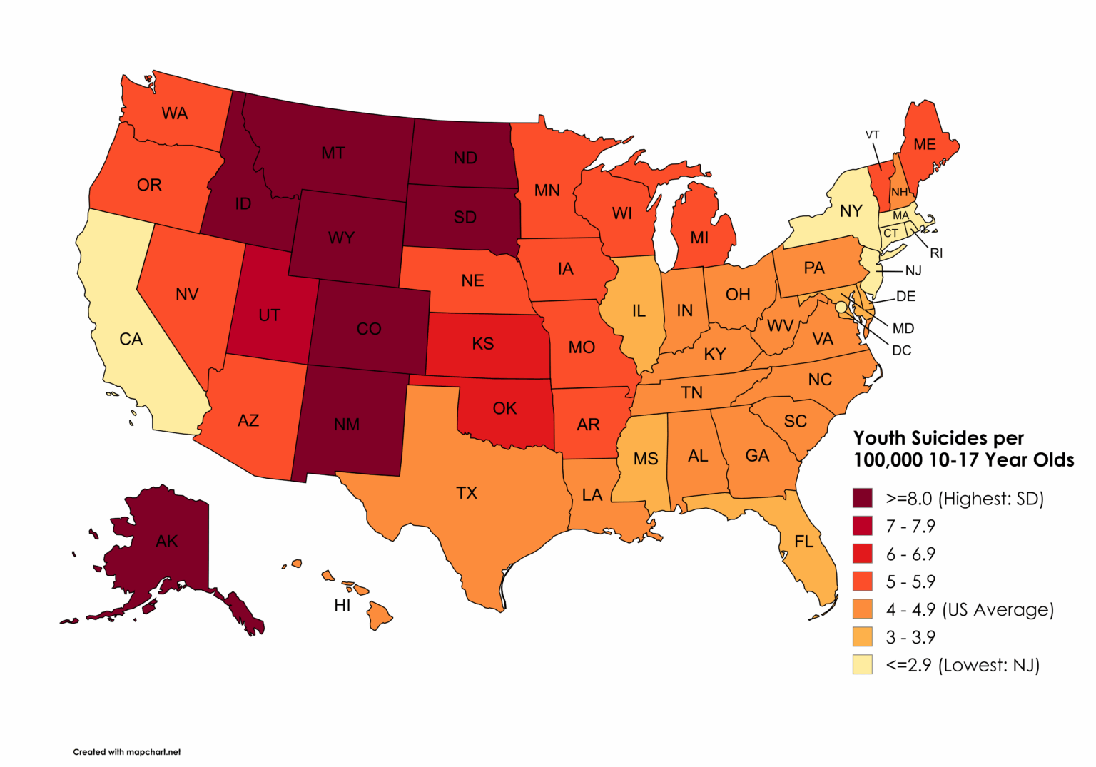 [OC] Jährliche Selbstmorde von Jugendlichen pro 100.000 10-17-Jährige durch US-Bundesstaat (2009-2023)