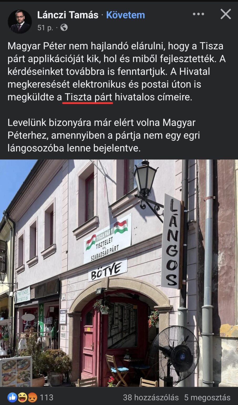 Genosse Lánczi hat eine Anfrage an die Titel der sauberen Party gesendet.