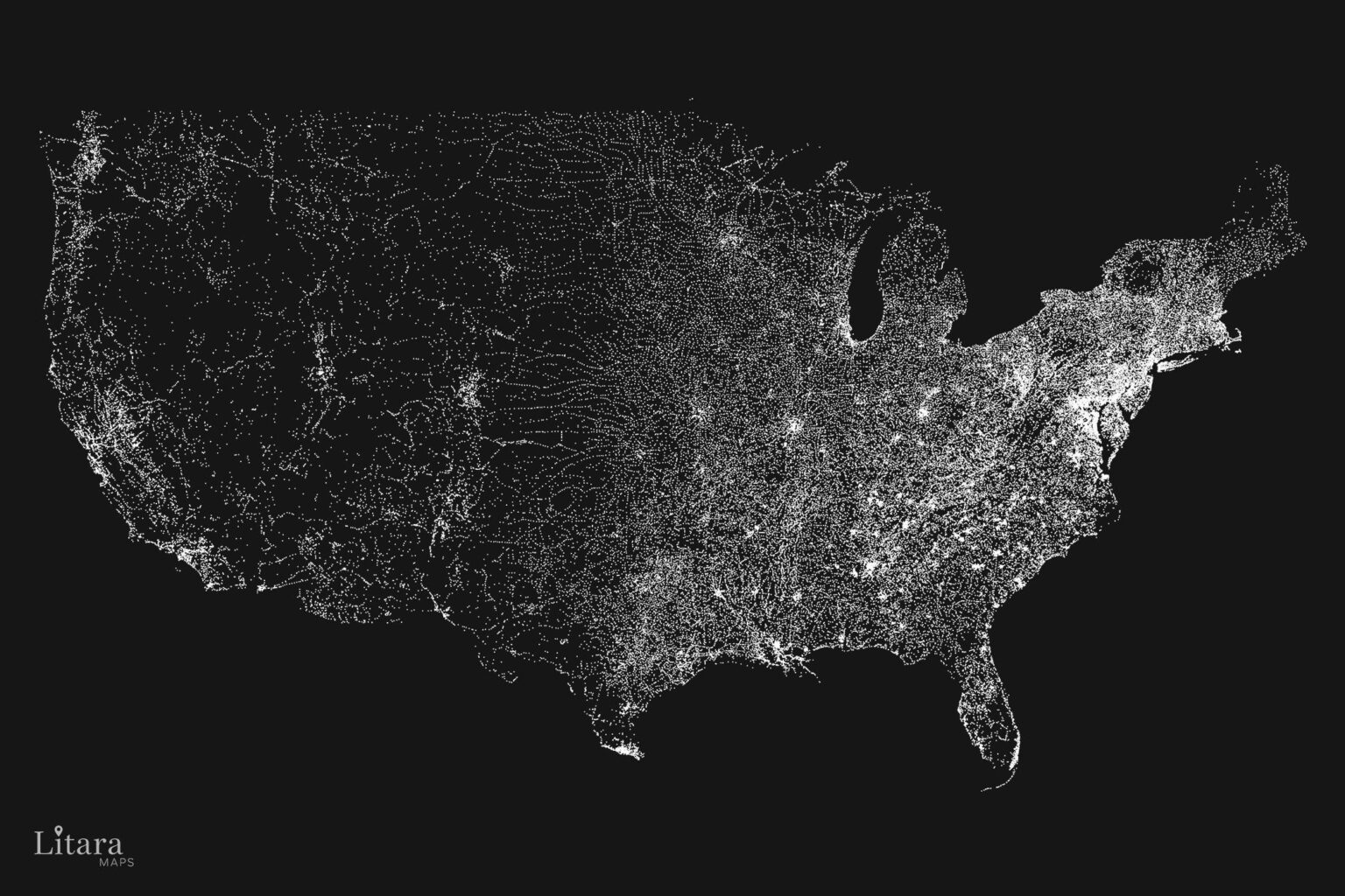 [OC] Ich habe alle 97.000 Orte in den zusammenhängenden USA visualisiert.