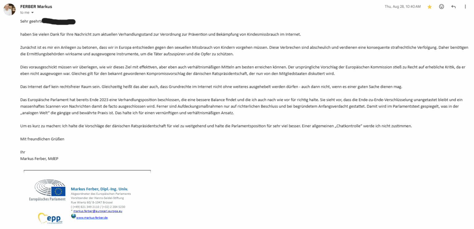 Antwort, die ich von einem deutschen Abgeordneten des EPP bezüglich des Vorschlags für Chat -Kontrollrecht erhielt