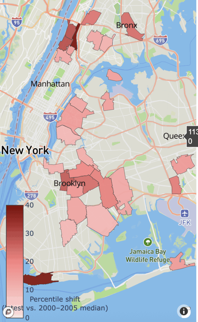 [OC] NYC Reißverschlüsse, die in der nationalen Wohnungspreisrangliste am meisten stiegen (2000-2005 gegenüber Today)
