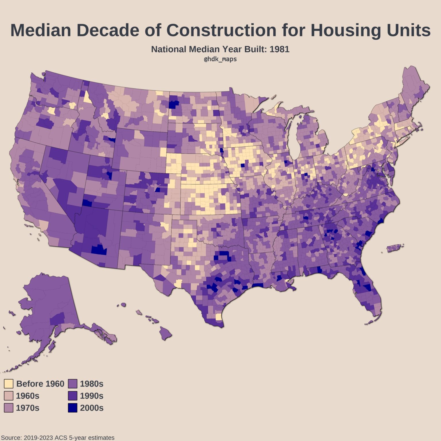 [OC] Durchschnittlicher Jahrzehnt des Bauwerks für Wohneinheiten in den USA