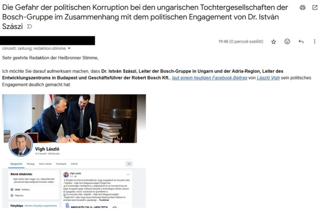 Die Gefahr der Politik Korruption bei den ungarischen Töchtern der Bosch -Gruppe Dr. István Szászis politische Rolle