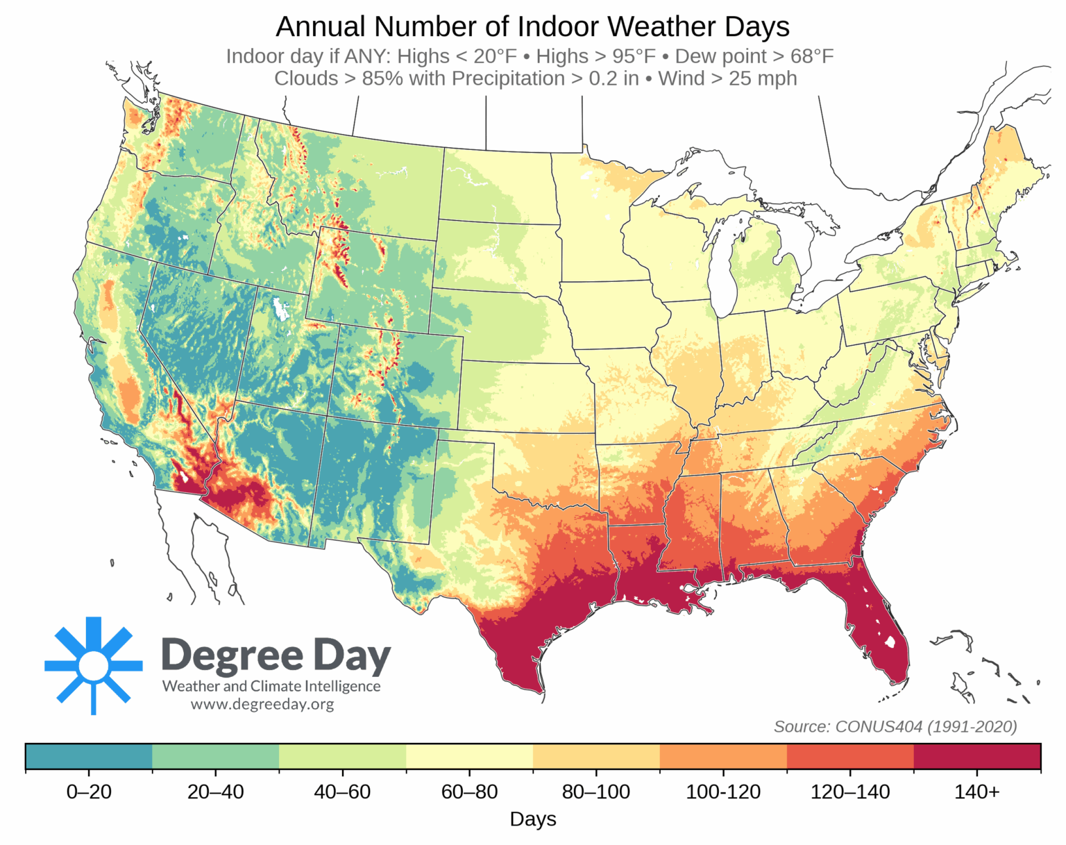 Die Großen Innenräume - jährliche Anzahl von "Innenwettertagen" [OC]