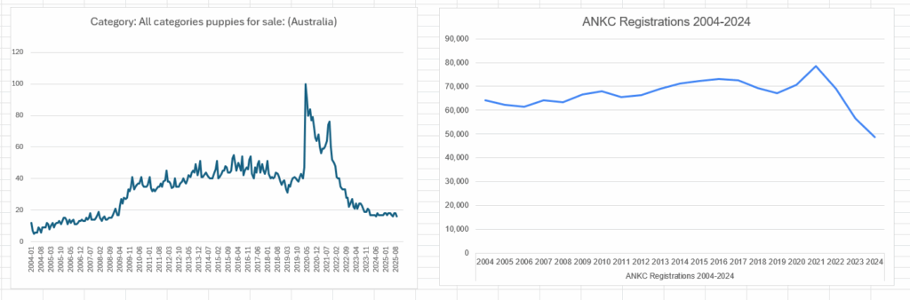 [OC] Gesamt-ANKC-Registrierungstrends pro Jahr im Vergleich zum Verkauf von Welpen zum Verkauf von Fragen pro Jahr.