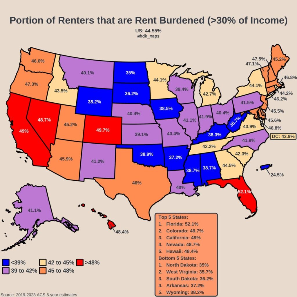 [OC] Karten zur Mietbelastung in den USA