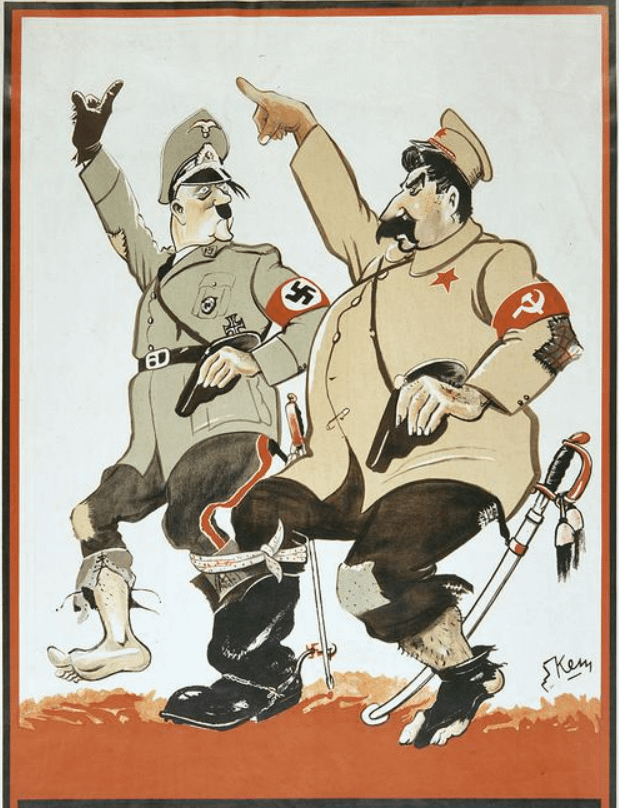 Hitler und Stalin gehen während der polnischen Invasion im September 1939 in einem Schuh spazieren