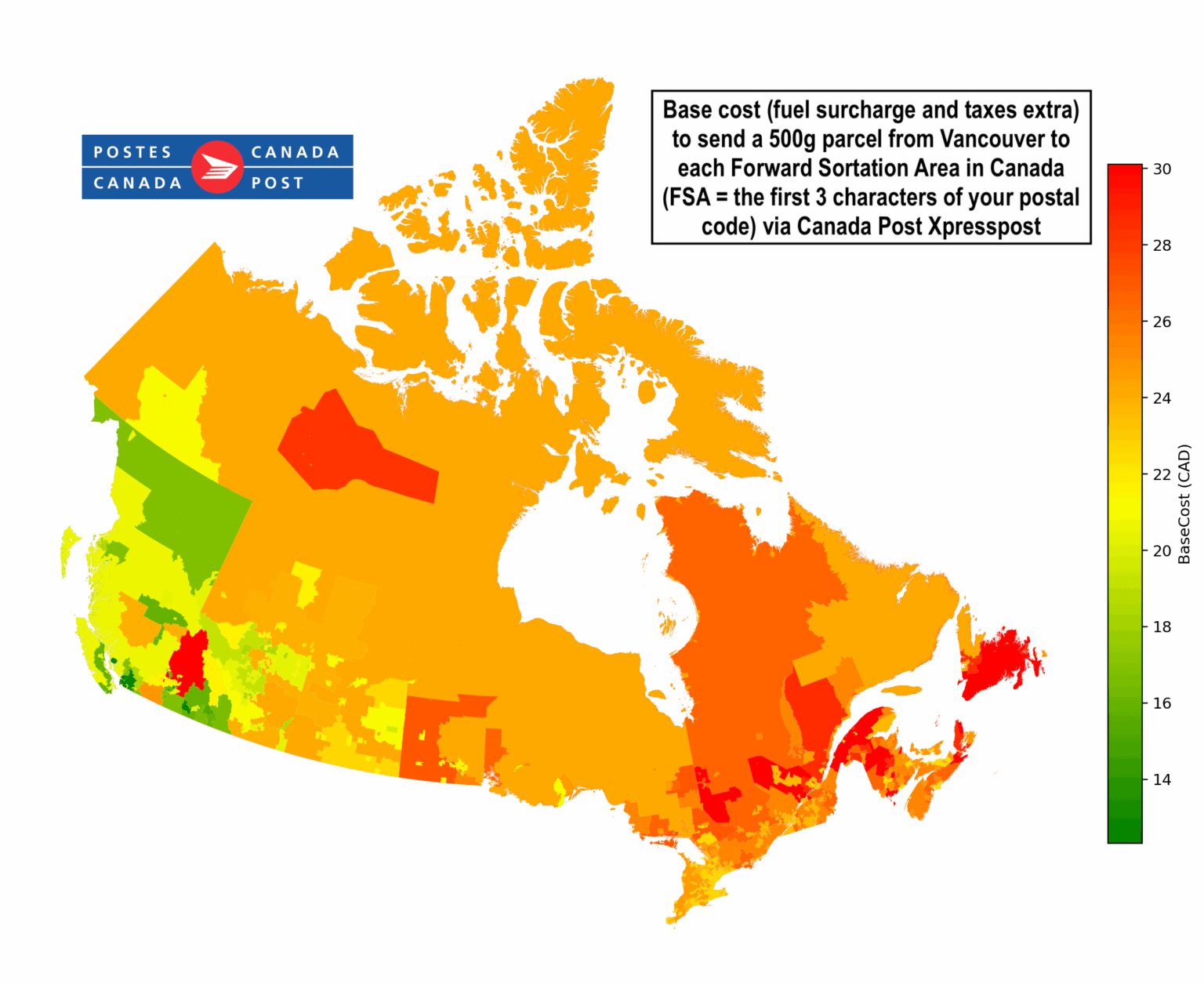 [OC] Canada Post Inländische Versandkosten von Vancouver