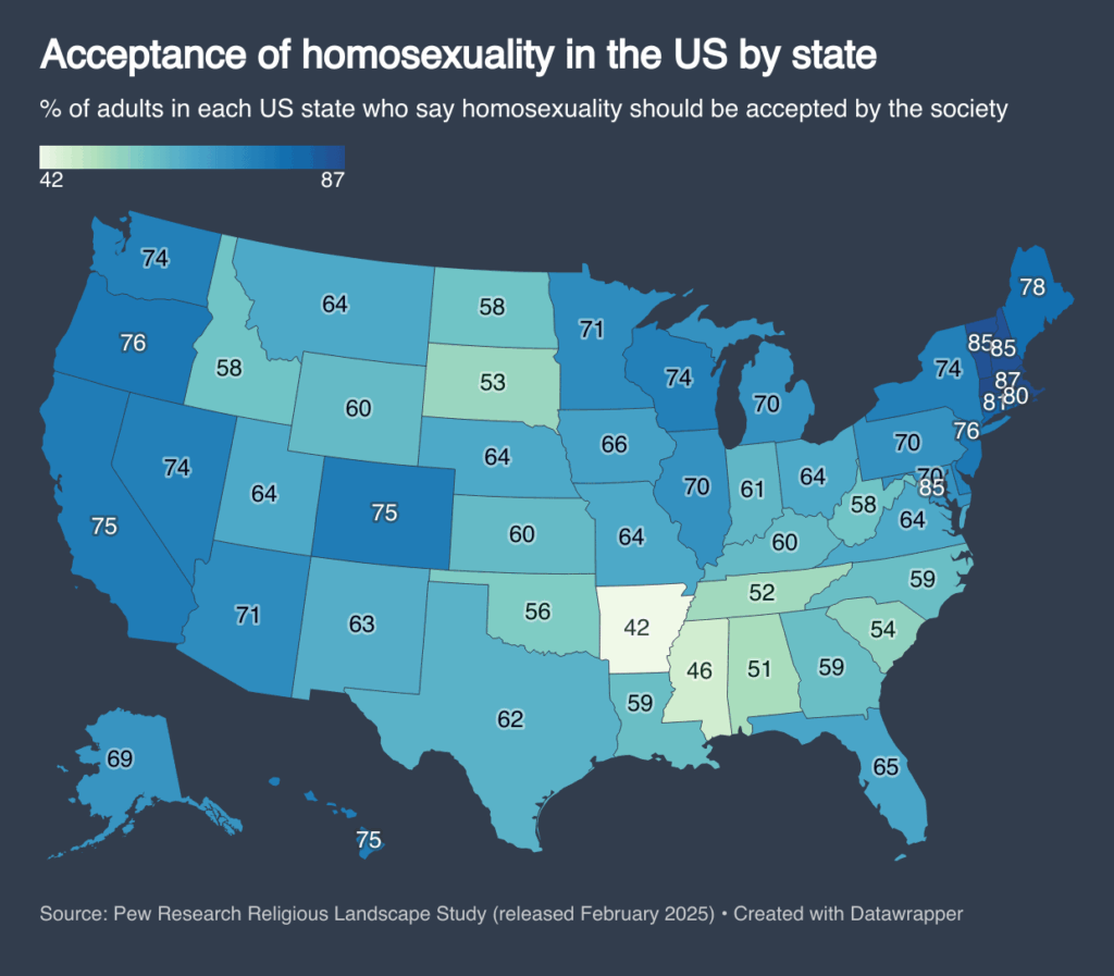 [OC] Akzeptanz von Homosexualität in den USA nach Staat