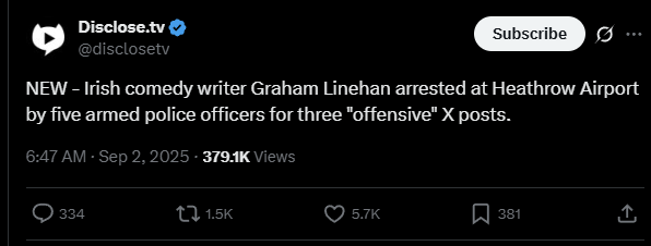 Der irische Comedy -Autor Graham Linehan wurde am Flughafen Heathrow von fünf bewaffneten Polizisten für drei "offensive" X -Pfosten festgenommen.