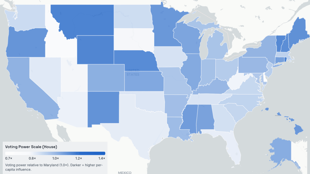 [OC] - Durchschnittliche Abstimmungsmacht pro Kopf für jeden von US House/Senat vertretenen Staat (interaktiv)