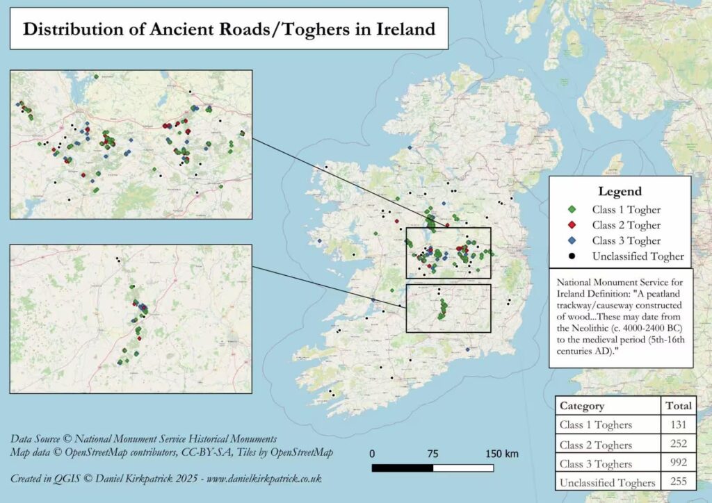 [OC] Verteilung prähistorischer Straßen oder Toghers in ganz Irland