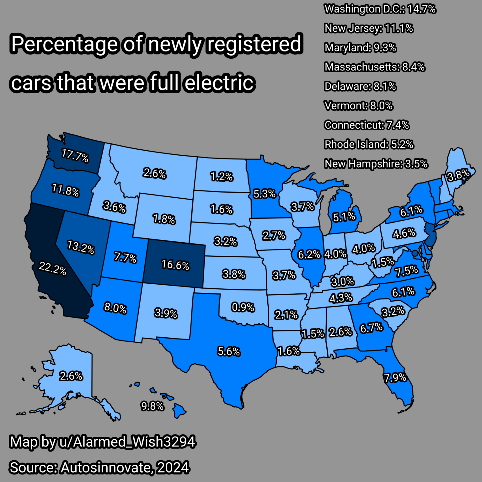 [OC] Prozentsatz der neu registrierten Autos in den USA, die ab 2024 voll elektrisch waren