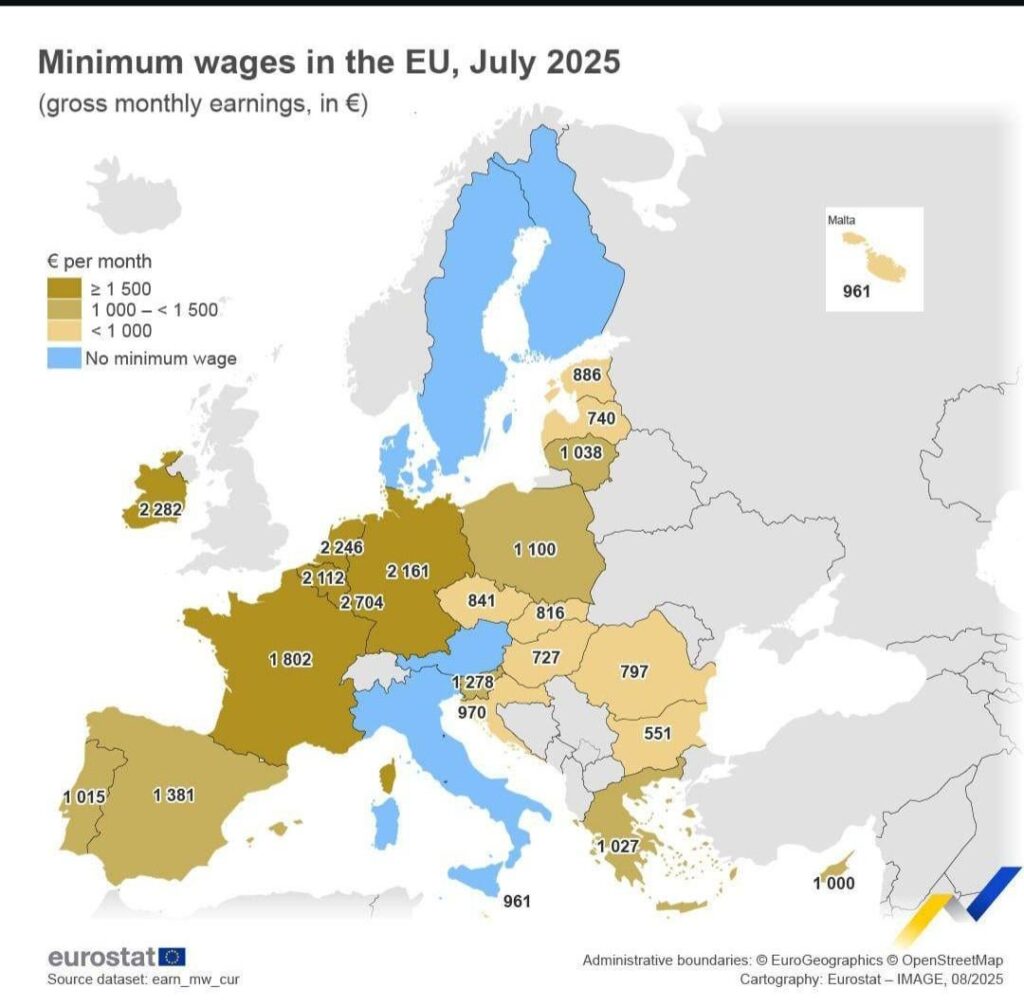 Mindestlöhne in der EU, Juli 2025