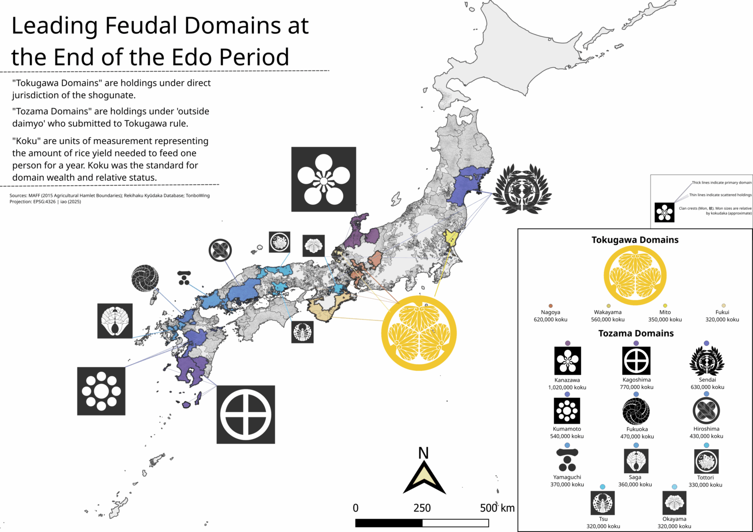 Die von Daimyo kontrollierten Domänen der Edo -Perioden hatten relativen Wohlstand, Status und Macht, gemessen an einem jährlichen Reisertrag oder Kokudaka. Diese Karte zeigt die 15 führenden Domänen bis zum Ende der EDO -Periode. ~ 18862, Japan [OC]