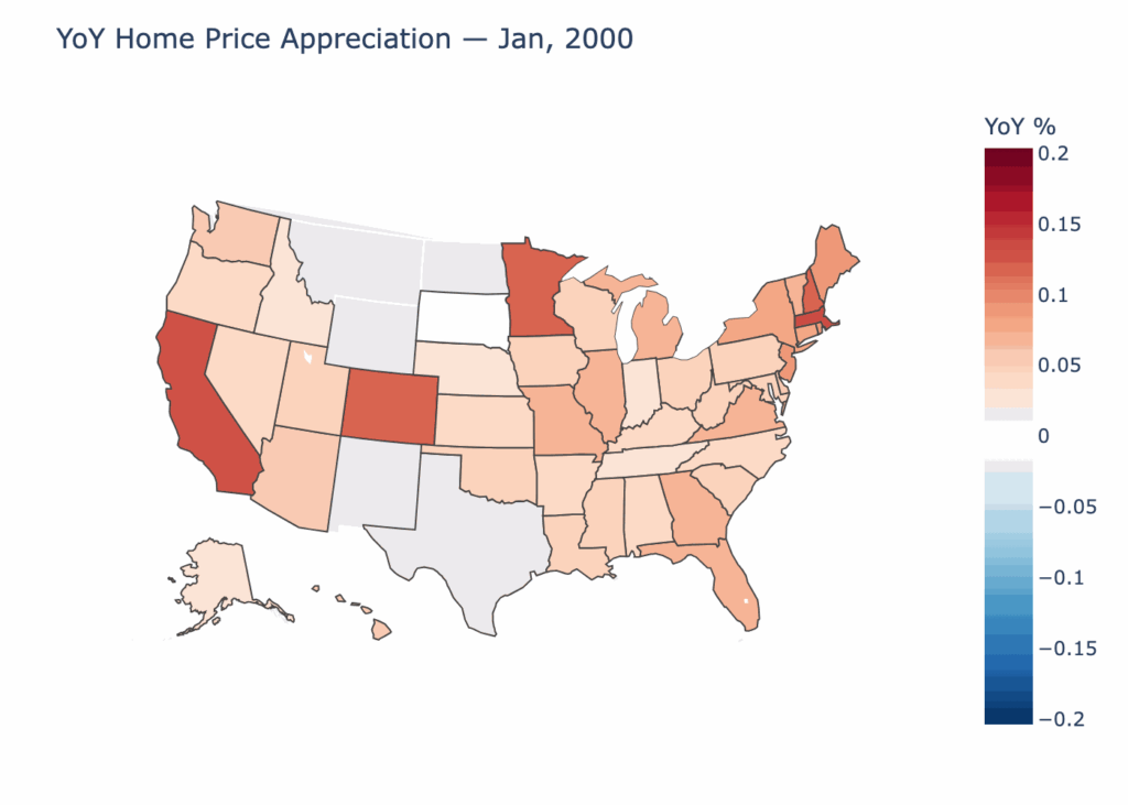 [OC] Monatlich Yoy Home Price Wertschätzung in den US -Bundesstaaten